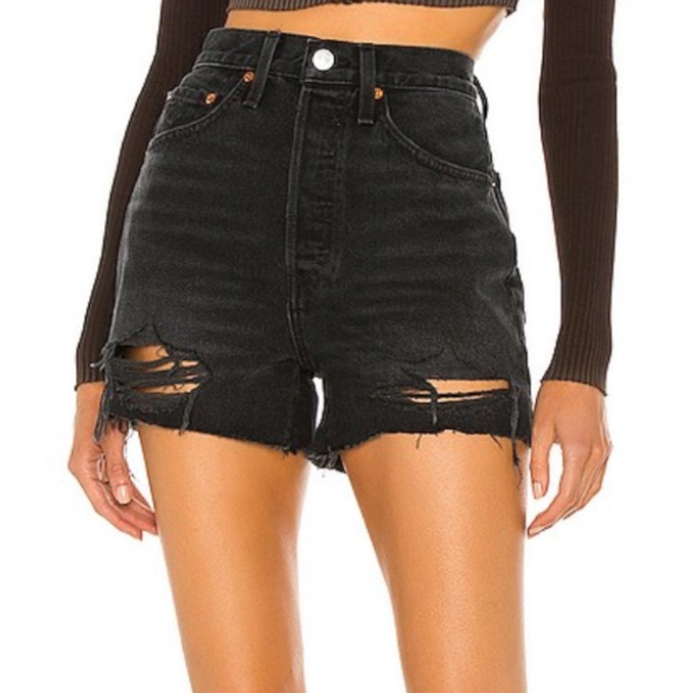 RE/DONE 90s High Waisted Destroyed Shadow Black Denim Shorts Sz 26 NWT